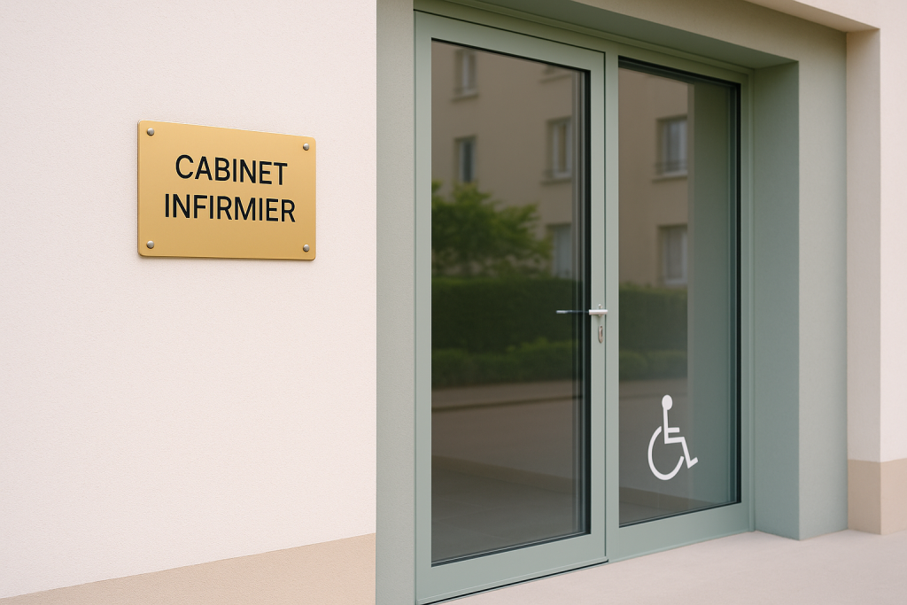 Façade d’un cabinet infirmier moderne et conforme, avec plaque professionnelle discrète et entrée PMR de plain-pied, représentant la conformité et la sérénité d’un cabinet IDEL.