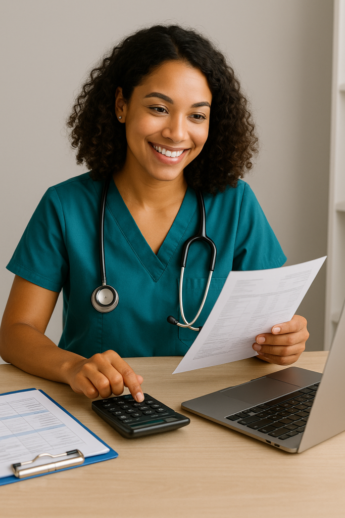 Infirmière libérale métisse souriante devant son ordinateur avec une calculatrice et des documents, illustrant la gestion du revenu et des charges d’un IDEL en toute sérénité.